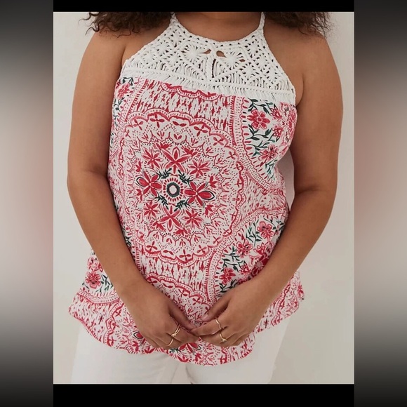 TORRID | Red Flower Crochet Macrame High Neck Medallion Boteh Top sz0x - Picture 12 of 12